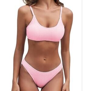 Women's Ribbed Bikini Sets Scoop Neck Cheeky Swimsuit Textured Pink‎ Two Piece M